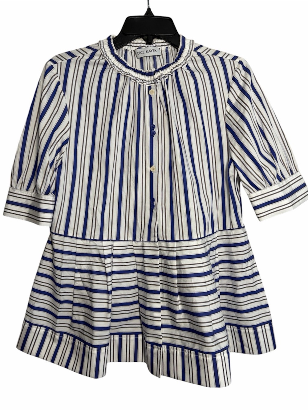 Dice Kayek ButtonDown Blue Tan Stripe Short Sleeve Peplum Scrunch Neck Blouse 38